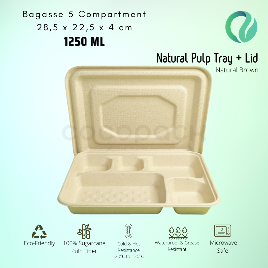 Bagasse Bento Box 5 Sekat Natural + Pulp Lid - Gambar 4