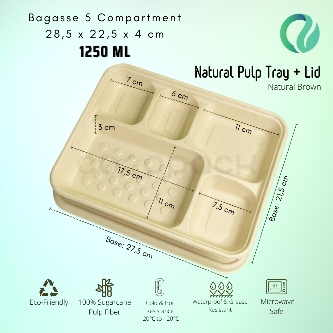 Bagasse Bento Box 5 Sekat Natural + Pulp Lid - Gambar 2