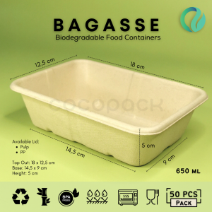 Bagasse Rectangle 650ml + Tutup Mika