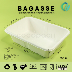 Bagasse Rectangle 650ml + Tutup Mika