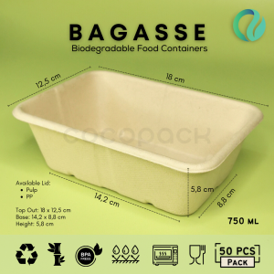 Bagasse Rectangle 750ml + Tutup Mika