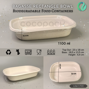 Bagasse Rectangle Bowl 1100ml + PET Lid
